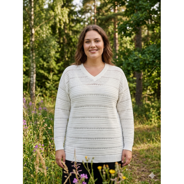 NYDELIG LANG GENSER I BOMULL MED HULLM�NSTER OG V-HALS, OFFWHITE