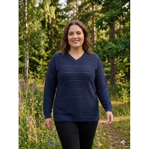 NYDELIG LANG GENSER I BOMULL MED HULLM�NSTER OG V-HALS, M�RK BL�