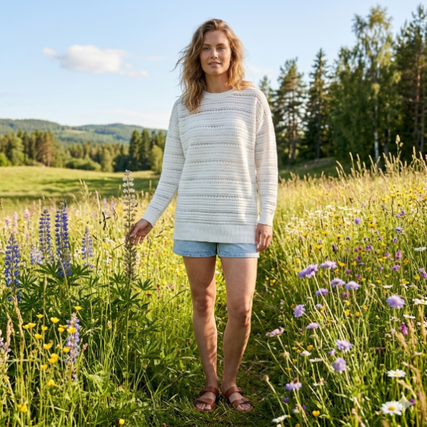 NYDELIG GENSER MED M�NSTERSTRIKK, VISCOSE BLANDING, OFFWHITE