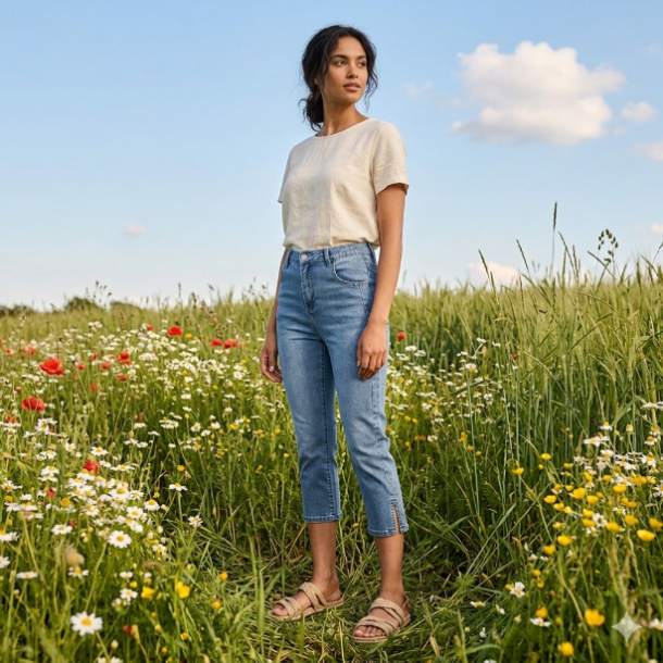 HERLIG JEANS MED VELDIG GOD STRETCH OG H�YT LIV, 3/4 BENLENGDE, DENIM BLUE