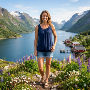 NYDELIG ENSFARGET TOPP MED STRIKK NEDE, VISCOSE JERSEY, M�RK BL�