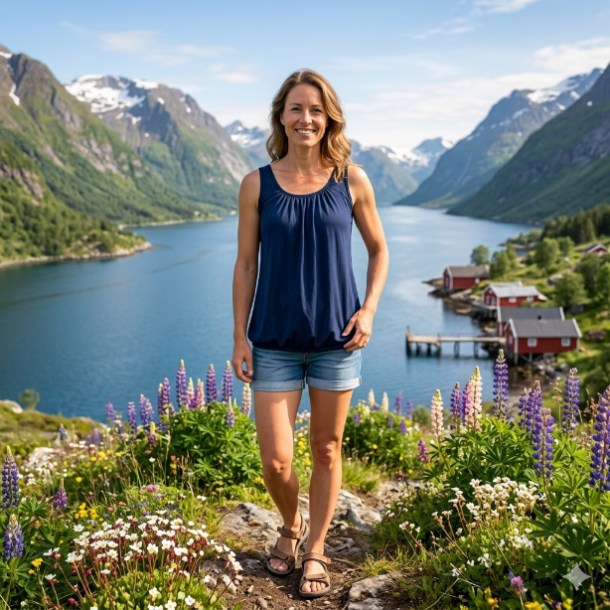 NYDELIG ENSFARGET TOPP MED STRIKK NEDE, VISCOSE JERSEY, M�RK BL�