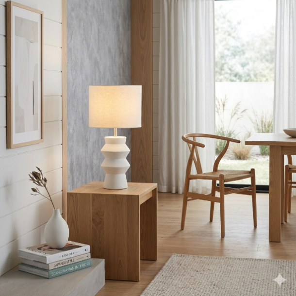 NYDELIG BORDLAMPE, HVIT KERAMIKK MED HVIT SKJERM, H 50 CM