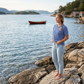 SKJ�NN STRIPET BOMULLS T-SKJORTE MED LITT STRETCH, BL�