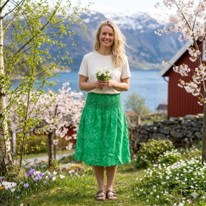 NYDELIG SOMMERSKJ�RT MED BRED STRIKK I LIVET, GR�NN