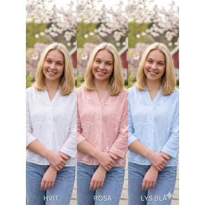VAKKER BOMULLS BLUSE MED M�NSTER, LYS BL�
