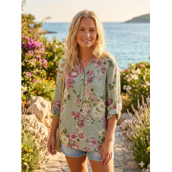 VAKKER BOMULLS BLUSE MED M�NSTER, GR�NN