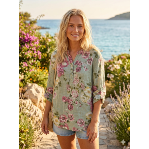 VAKKER BOMULLS BLUSE MED M�NSTER, GR�NN