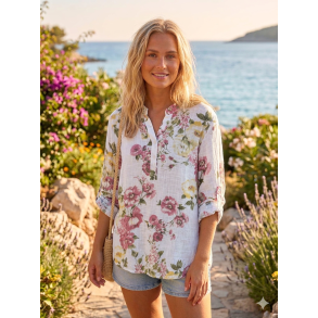 VAKKER BOMULLS BLUSE MED M�NSTER, HVIT
