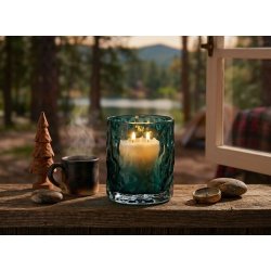 LEKKERT LYSGLASS, B�LGET, 7,5 X 9,5 CM, PETROL