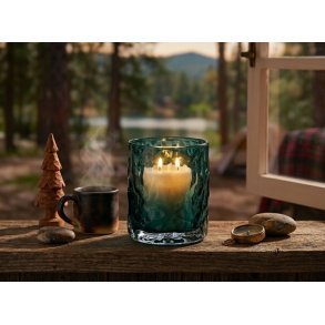 LEKKERT LYSGLASS, B�LGET, 7,5 X 9,5 CM, PETROL