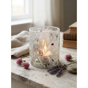 DET VAKRESTE LYSGLASS, KRAKELERT MED MARKBLOMSTER, 11,5 X 13 CM