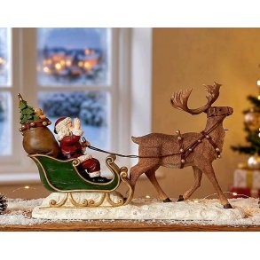 STOR OG FLOTT NISSE MED REINSDYR OG SLEDE, 46 X 26 CM