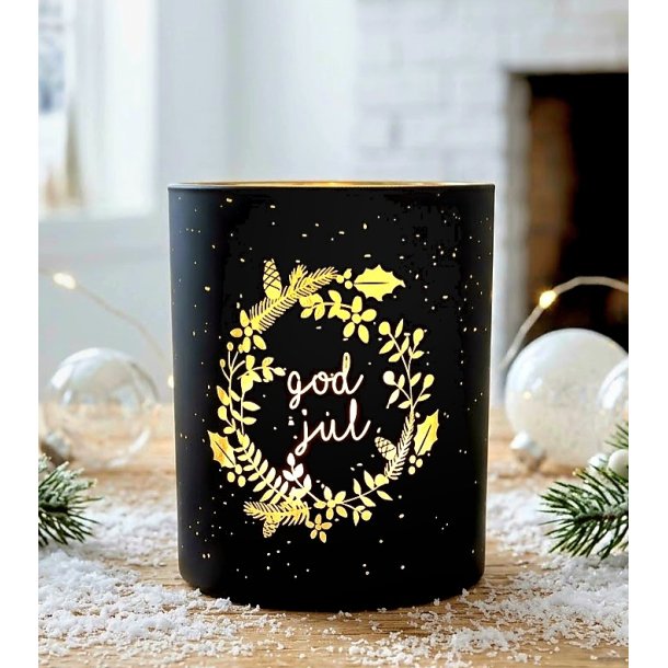 NYDELIG BATTERILYKT MED TIMER, KRANS OG GOD JUL, SVART, 9 X 10 CM
