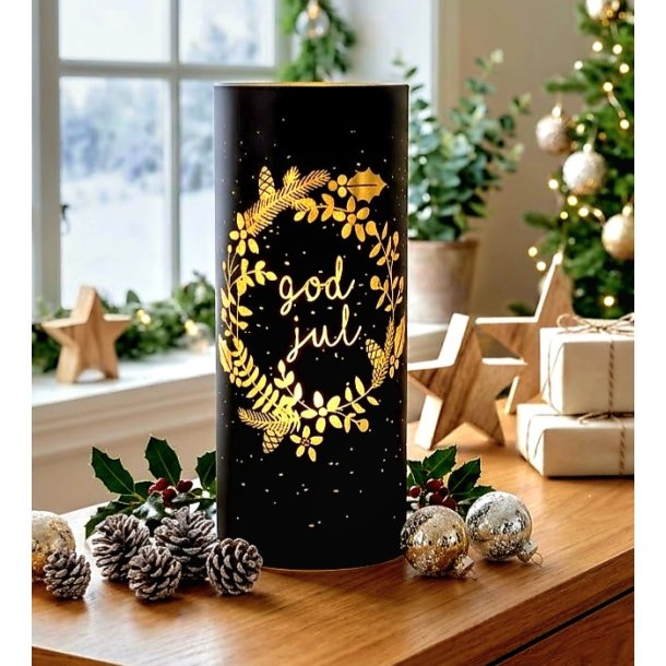 NYDELIG BATTERILYKT MED TIMER, KRANS OG GOD JUL, SVART, 9 X 20 CM