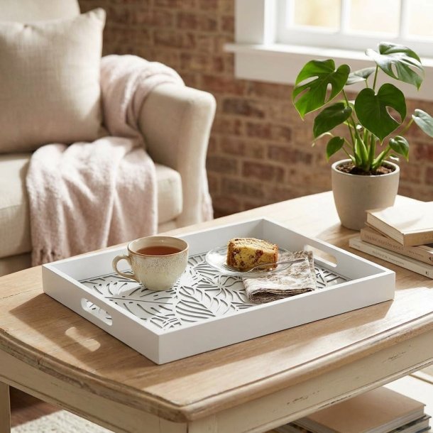 VAKKERT TREFAT MED M�NSTRET BUNN OG GLASS, HVIT, L 40 CM