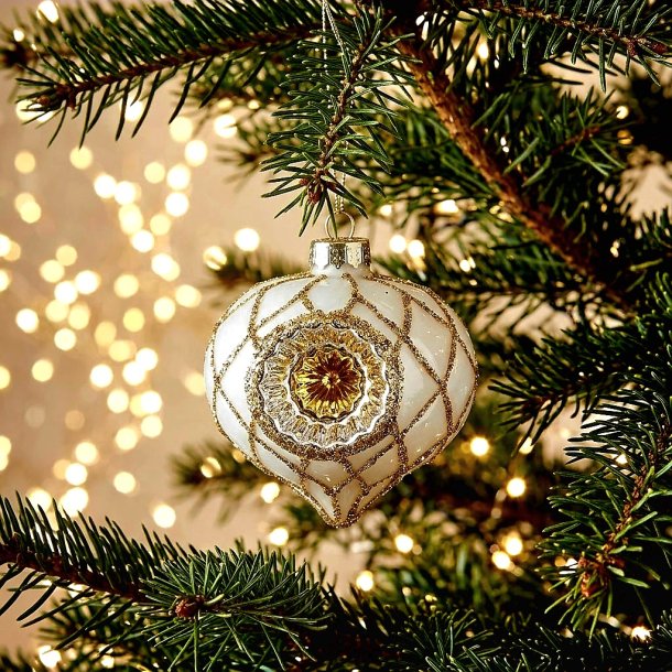 NYDELIG, GAMMELDAGS JULEKULE I GLASS, DR�PEFORMET, HVIT MED GULLDEKOR, 8 CM