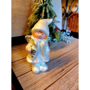 NYDELIG ENGEL, HVIT MED SLV VINGER OG STJERNE, H 11,8 CM