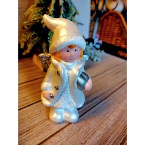 NYDELIG ENGEL, HVIT MED SLV VINGER OG HJERTE, H 11,8 CM