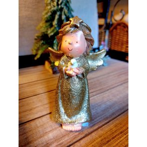 VAKKER GULLENGEL MED FUGL, H 12 CM