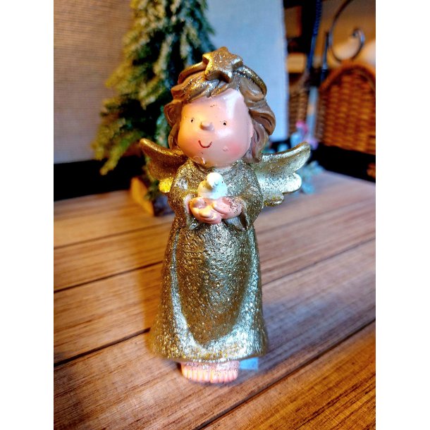 VAKKER GULLENGEL MED FUGL, H 12 CM