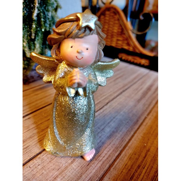 VAKKER GULLENGEL SOM BER, H 12 CM