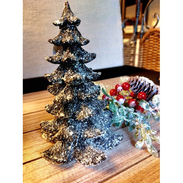 NYDELIG TRE I KERAMIKK, SORT MED GLITTER, H 17 CM