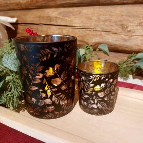 LEKKERT LYSGLASS, M�NSTRET SVART MED GULLFARGET INNSIDE, 7 x 8 CM