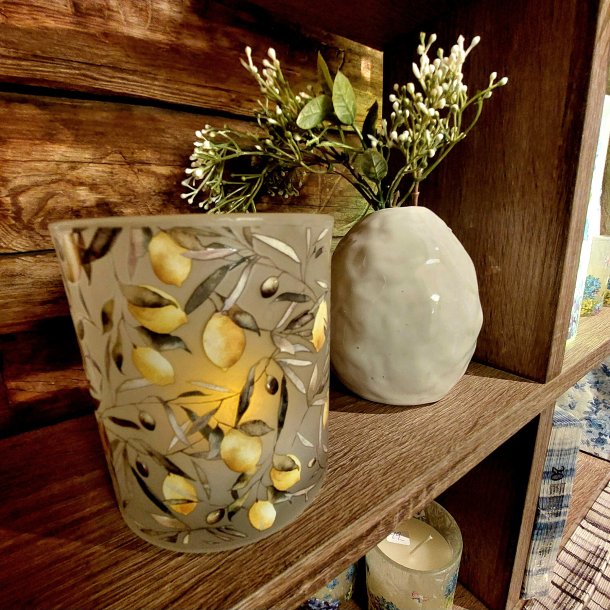 NYDELIG LYSGLASS MED SITRON MOTIV, HVIT, H 10 CM