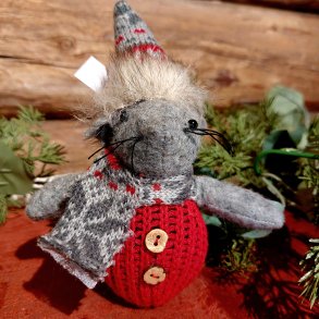 KOSELIG JULEMUS I STOFF MED GR LUE , H 13 CM