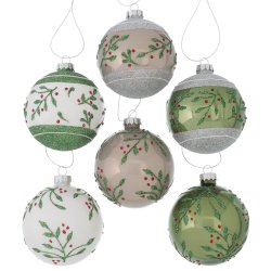 NYDELIG GLASSKULE, HVIT OG GRNN MED RDE BR, 8 CM