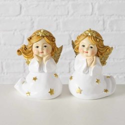 SKJNN SITTENDE ENGEL I KERAMIKK, HVIT/GULL, 8,5 X 11 CM