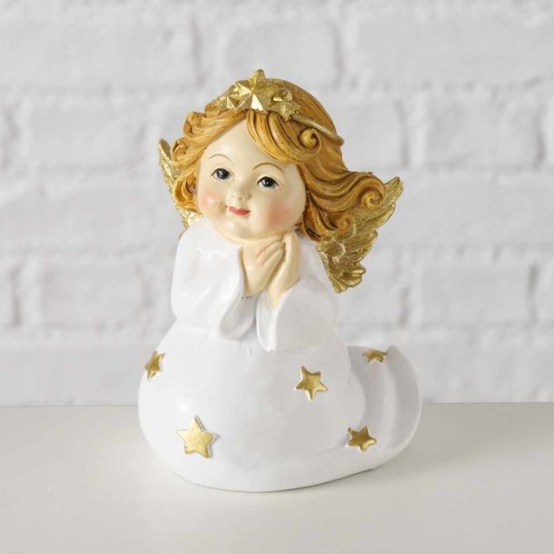 SKJNN SITTENDE ENGEL I KERAMIKK, HVIT/GULL, 8,5 X 11 CM