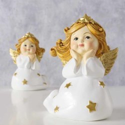 SKJNN SITTENDE ENGEL I KERAMIKK, HVIT/GULL, 8,5 X 11 CM