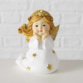 SKJNN SITTENDE ENGEL I KERAMIKK, HVIT/GULL, 8,5 X 11 CM