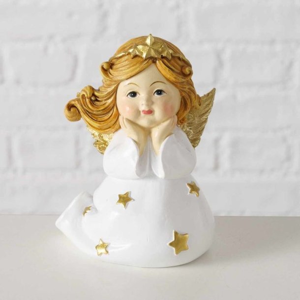 SKJNN SITTENDE ENGEL I KERAMIKK, HVIT/GULL, 8,5 X 11 CM