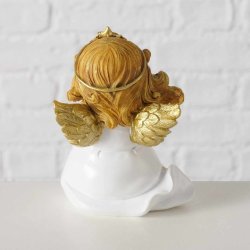 SKJNN SITTENDE ENGEL I KERAMIKK, HVIT/GULL, 8,5 X 11 CM