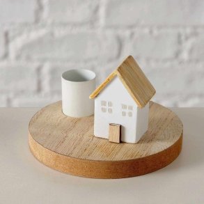 STILIG LYSESTAKE MED HUS, TRE OG METALL, 10 X 6,5 CM