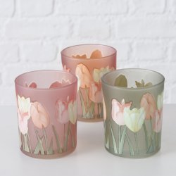 VAKKERT LYSGLASS MED TULIPANMOTIV, , 9 x 10 CM, ROSA