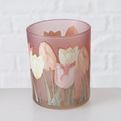 VAKKERT LYSGLASS MED TULIPANMOTIV, , 9 x 10 CM, ROSA