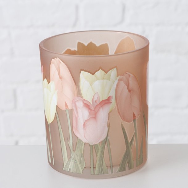 VAKKERT LYSGLASS MED TULIPANMOTIV, 7 X 8 CM, FERSKENROSA