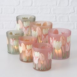VAKKERT LYSGLASS MED TULIPANMOTIV, , 9 x 10 CM, ROSA