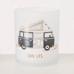 KOSELIG LYSGLASS MED CAMPINGMOTIV, HVIT, 9 X 10 CM