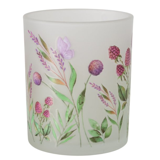 LEKKERT LYSGLASS MED BLOMSTER/B�R, H 10 CM