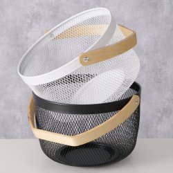 STOR OG TRENDY KURV I METALL MED TREHANK, H 17 CM, SVART