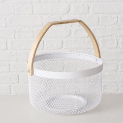 STOR OG TRENDY KURV I METALL MED TREHANK, H 17 CM, HVIT