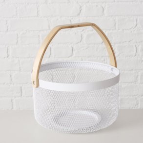 STOR OG TRENDY KURV I METALL MED TREHANK, H 17 CM, HVIT