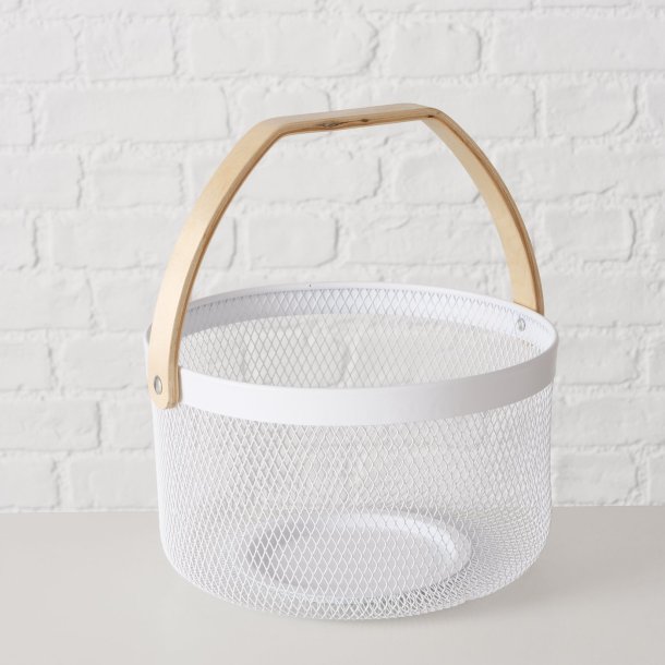 STOR OG TRENDY KURV I METALL MED TREHANK, H 17 CM, HVIT
