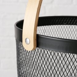 STOR OG TRENDY KURV I METALL MED TREHANK, H 17 CM, SVART