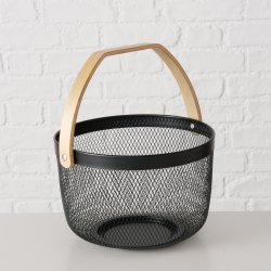 STOR OG TRENDY KURV I METALL MED TREHANK, H 17 CM, SVART